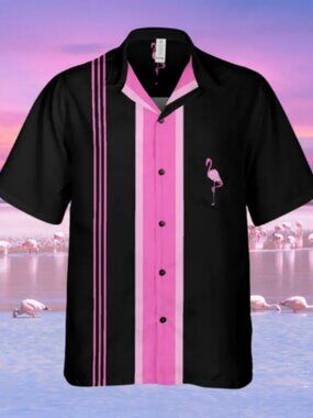 Flamingo Hawaiian Button-Up Shirt with Pocket | Pink Flamingo Short-Sleeve Shirt
